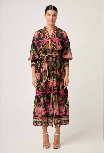 Carmen Silk Cotton Placement Print Maxi Dress - Anthos Lotos