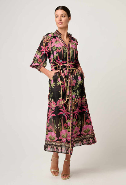 Carmen Silk Cotton Placement Print Maxi Dress - Anthos Lotos