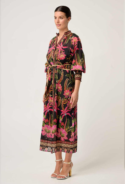 Carmen Silk Cotton Placement Print Maxi Dress - Anthos Lotos