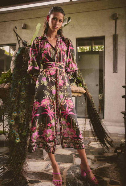 Carmen Silk Cotton Placement Print Maxi Dress - Anthos Lotos