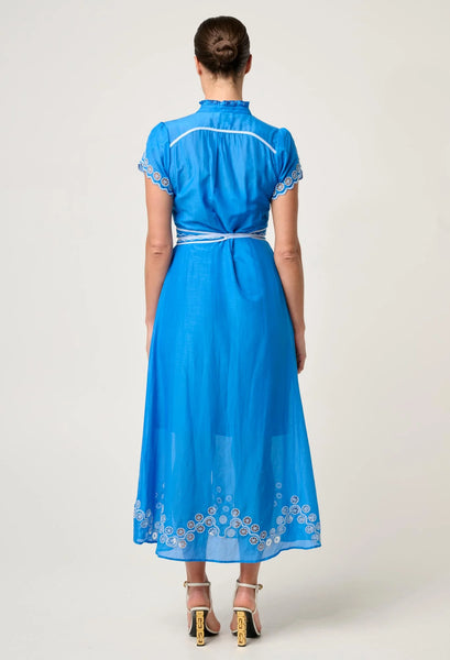 Xanthia Diamond Silk Cotton Embroidered Dress - Blue Topaz