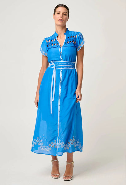 Xanthia Diamond Silk Cotton Embroidered Dress - Blue Topaz