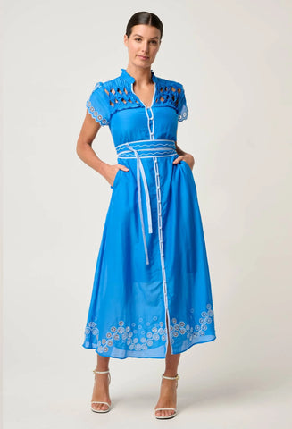 Xanthia Diamond Silk Cotton Embroidered Dress - Blue Topaz
