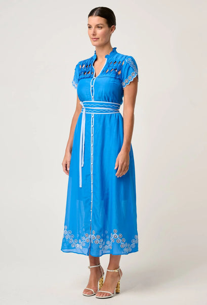 Xanthia Diamond Silk Cotton Embroidered Dress - Blue Topaz