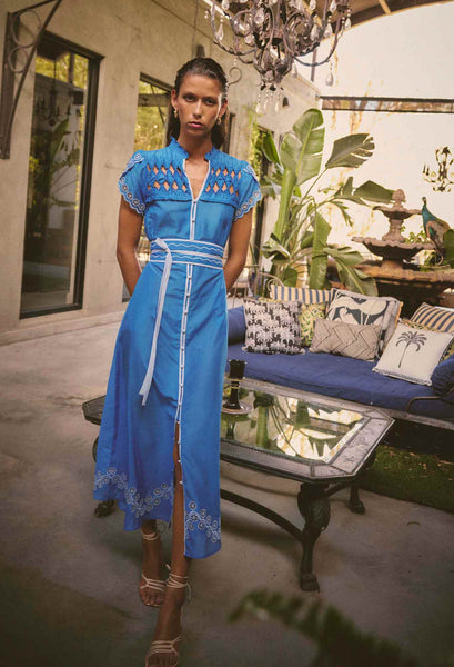 Xanthia Diamond Silk Cotton Embroidered Dress - Blue Topaz