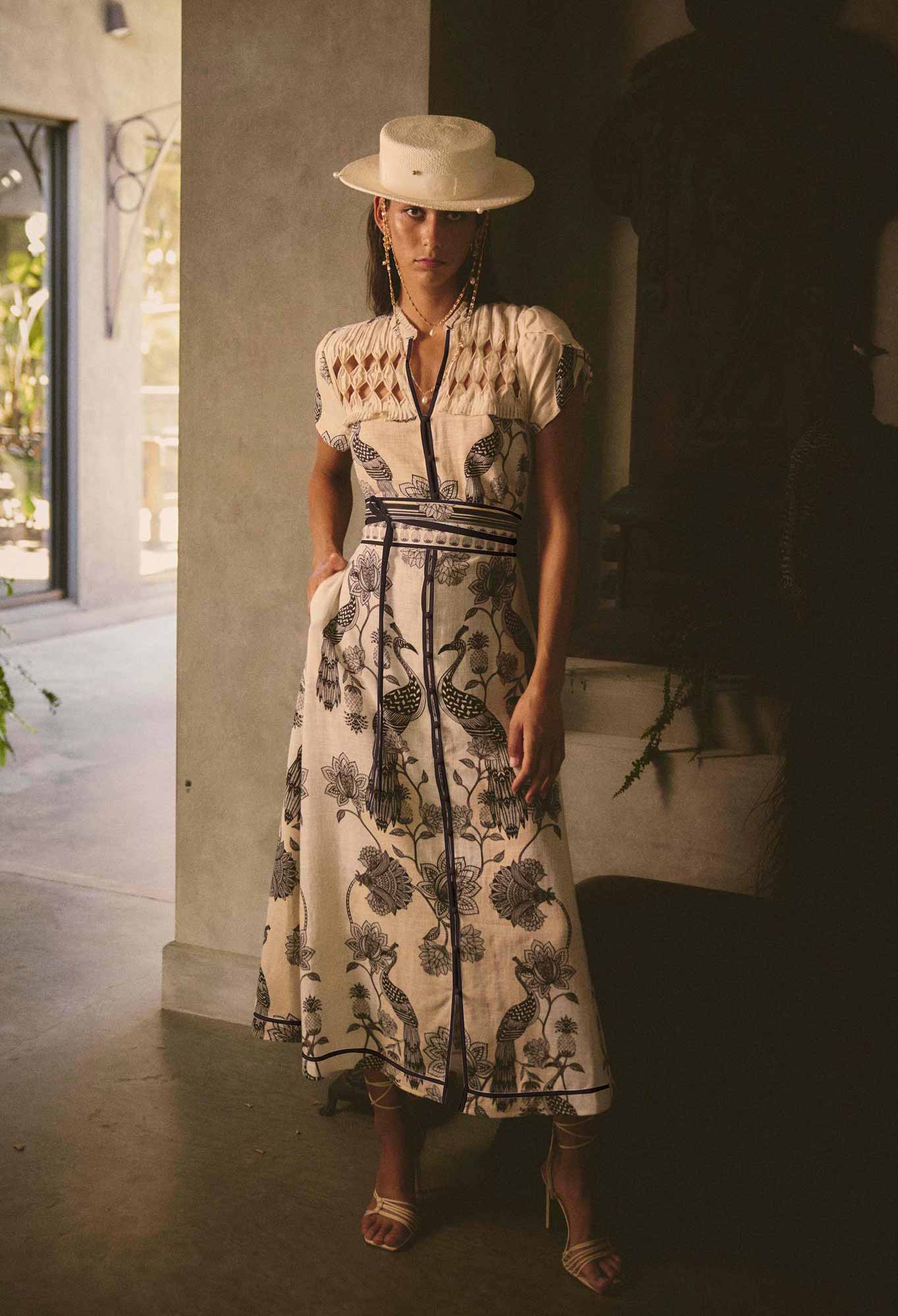 Xanthia Diamond Silk Cotton Embroidered Dress - Imperial Stone