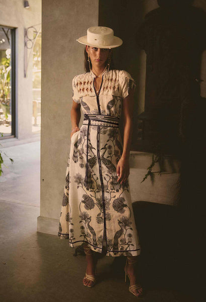 Xanthia Diamond Silk Cotton Embroidered Dress - Imperial Stone