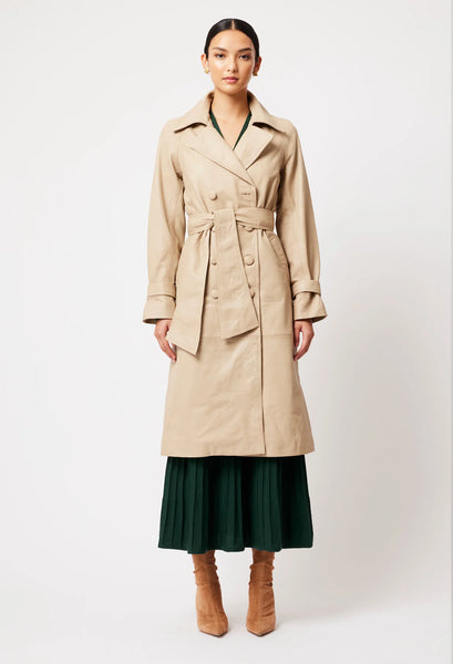 Astra Leather Trench Coat - Oatmeal