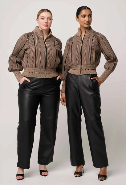 Jeanne Wool Blend Textured Knit Bomber Jacket - Tan Chevron - et seQ fashion