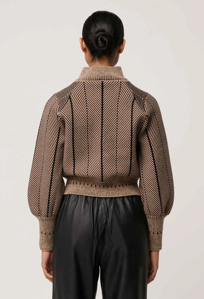 Jeanne Wool Blend Textured Knit Bomber Jacket - Tan Chevron - et seQ fashion