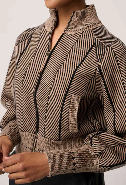 Jeanne Wool Blend Textured Knit Bomber Jacket - Tan Chevron - et seQ fashion
