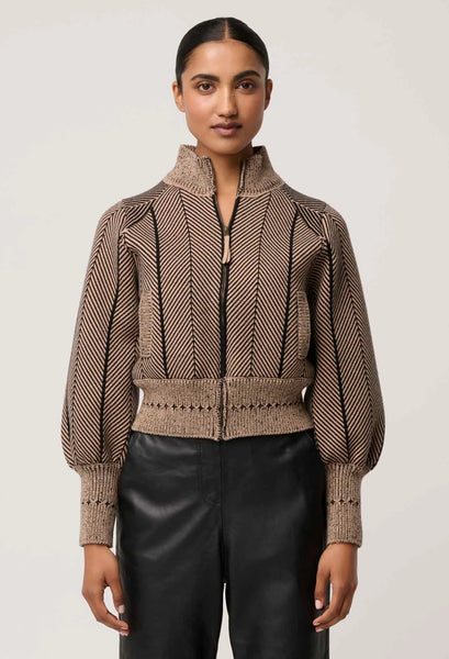 Jeanne Wool Blend Textured Knit Bomber Jacket - Tan Chevron - et seQ fashion