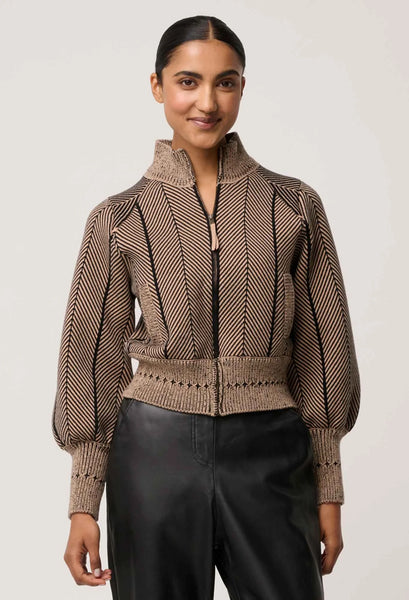 Jeanne Wool Blend Textured Knit Bomber Jacket - Tan Chevron - et seQ fashion