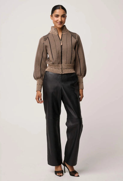 Jeanne Wool Blend Textured Knit Bomber Jacket - Tan Chevron - et seQ fashion