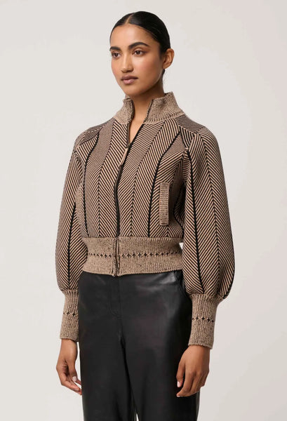 Jeanne Wool Blend Textured Knit Bomber Jacket - Tan Chevron - et seQ fashion