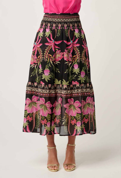 Cordelia Placement Print Shirred Waist Silk Cotton Skirt - Anthos Lotos