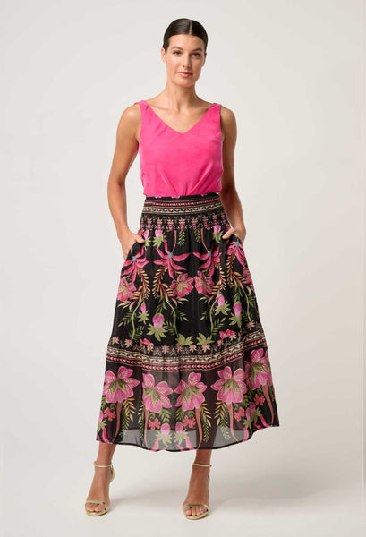 Cordelia Placement Print Shirred Waist Silk Cotton Skirt - Anthos Lotos