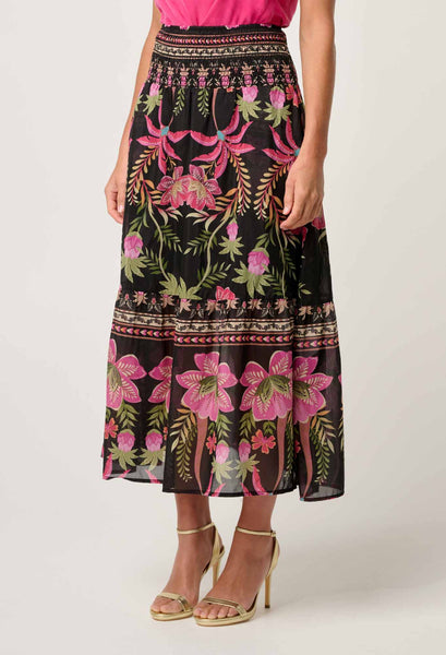 Cordelia Placement Print Shirred Waist Silk Cotton Skirt - Anthos Lotos