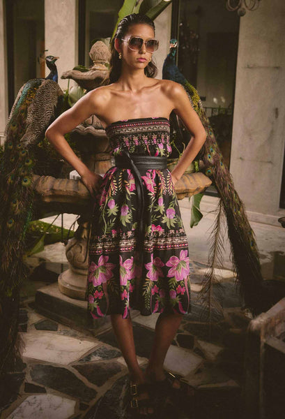Cordelia Placement Print Shirred Waist Silk Cotton Skirt - Anthos Lotos