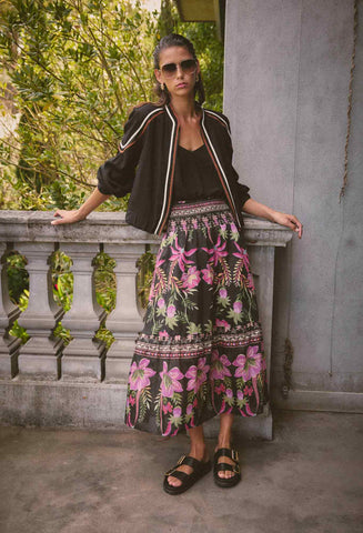 Cordelia Placement Print Shirred Waist Silk Cotton Skirt - Anthos Lotos
