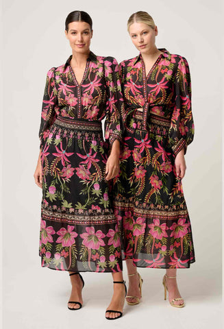 Elysian Silk Cotton Placement Print Cuffed Shirt - Anthos Lotos