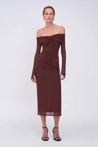 Christy Mesh Off Shoulder Midi - Espresso - PRE ORDER