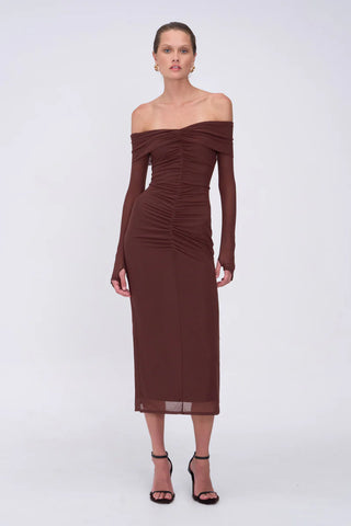 Christy Mesh Off Shoulder Midi - Espresso - PRE ORDER