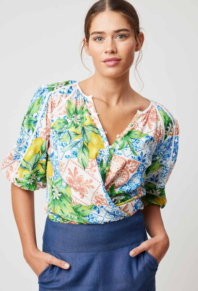 Paradiso Viscose Dobby Binding Detail Volume Sleeve Top - Limonata Print