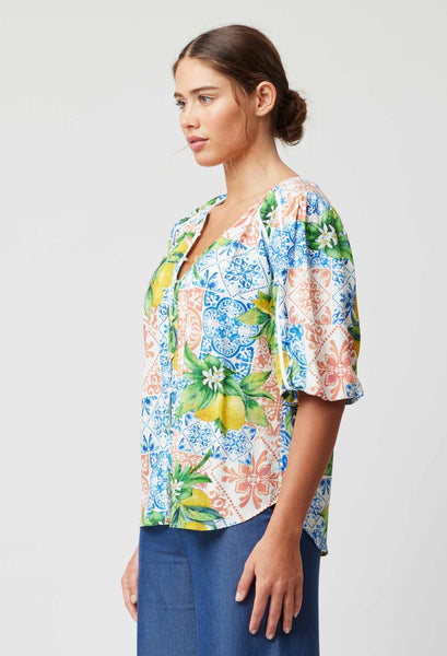 Paradiso Viscose Dobby Binding Detail Volume Sleeve Top - Limonata Print