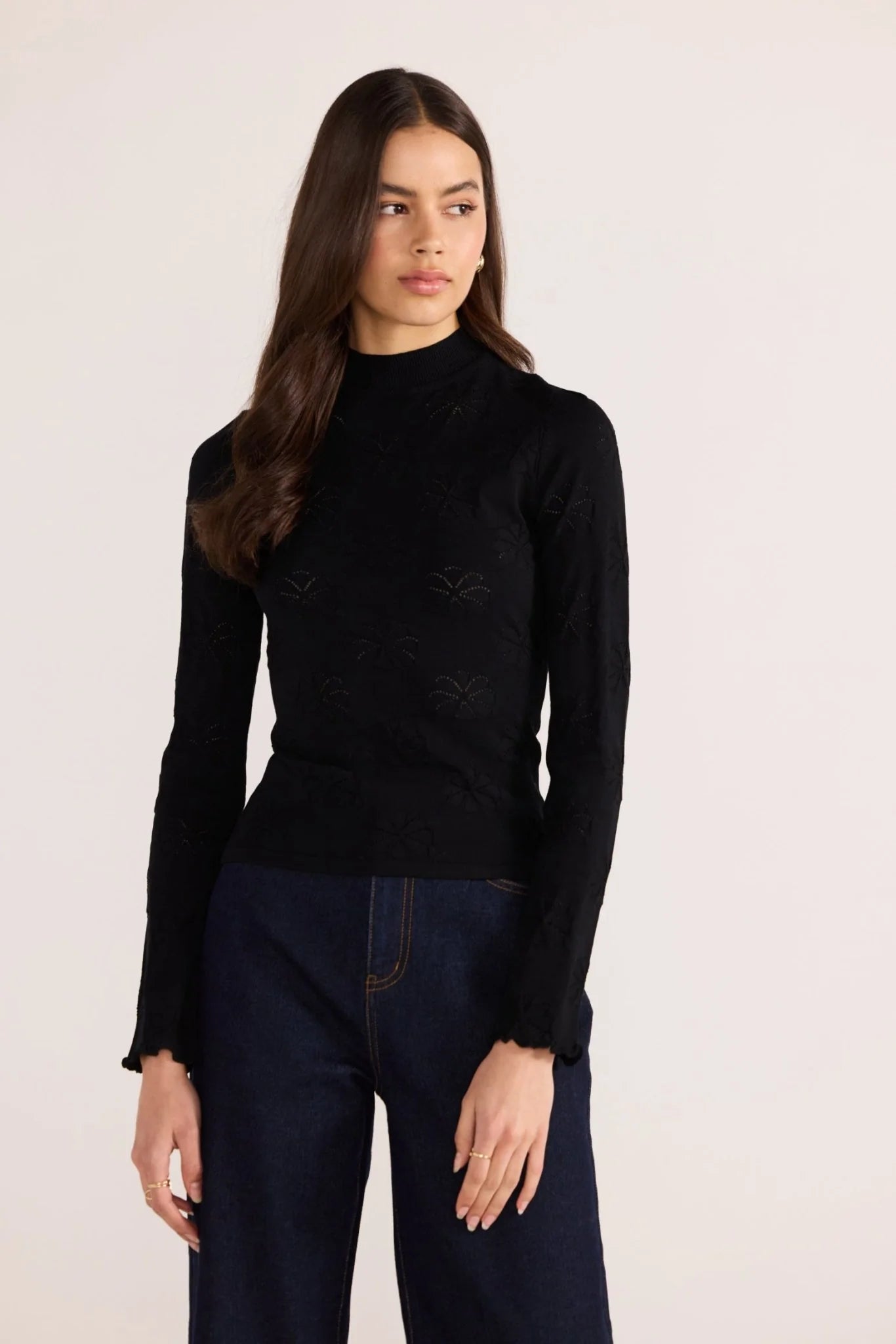 Bowie Pointelle Skivvy Top - Black
