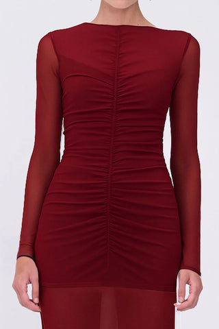 Christy Mesh Ruched Front Long Sleeve Top - Bordeaux
