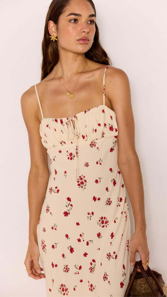 Clemence Bias Midi Dress - Cream/Red Floral