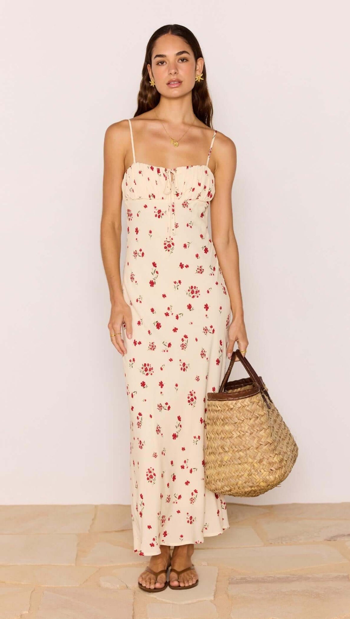 Clemence Bias Midi Dress - Cream/Red Floral