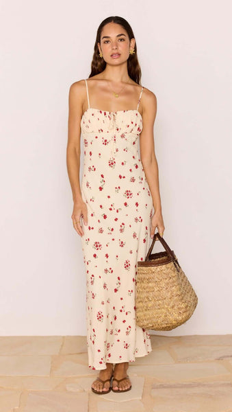 Clemence Bias Midi Dress - Cream/Red Floral