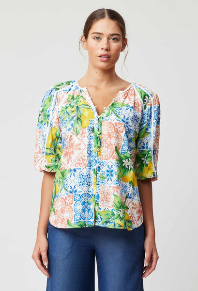 Paradiso Viscose Dobby Binding Detail Volume Sleeve Top - Limonata Print