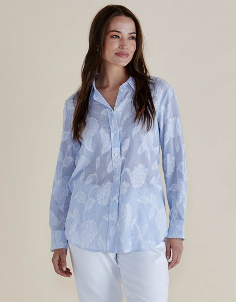 Lace Stripe Shirt - Floral Blue
