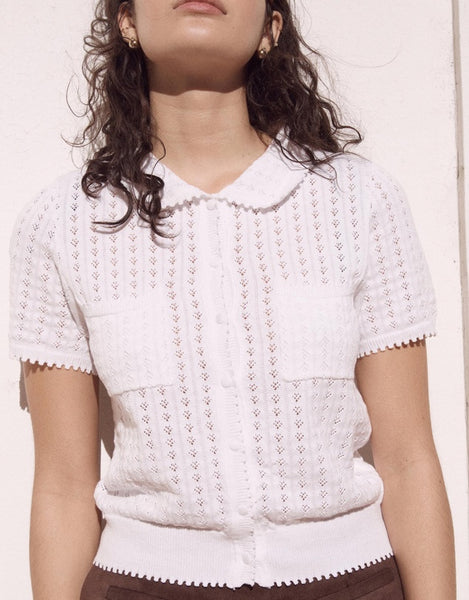 Lila Pointelle Knit Tee - White