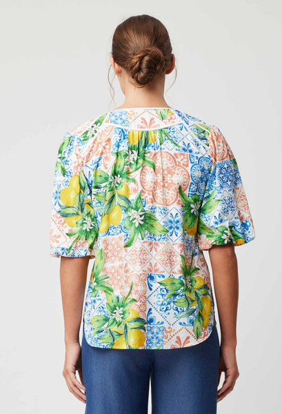 Paradiso Viscose Dobby Binding Detail Volume Sleeve Top - Limonata Print