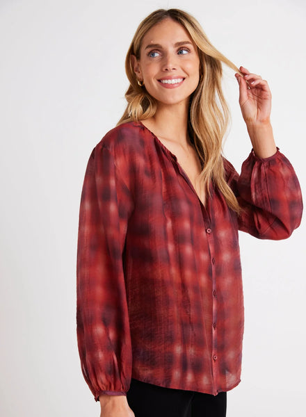 Shirred Neck Blouse - Blurred Plaid Print