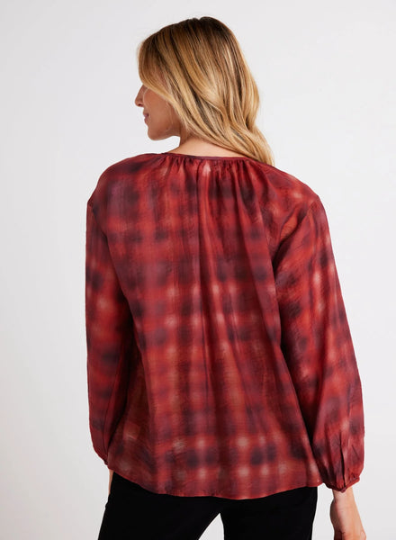 Shirred Neck Blouse - Blurred Plaid Print