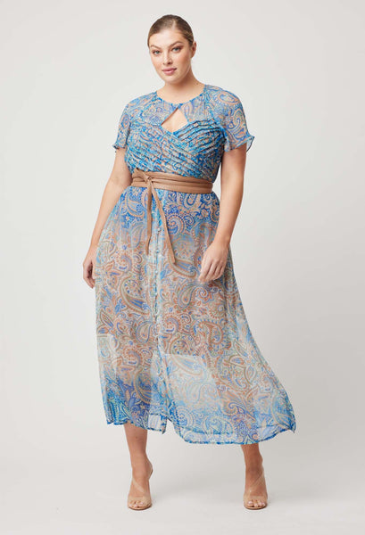 Rio Viscose Chiffon Pleat Bodice Flutter Sleeve Midi Dress - Capri Paisley Print