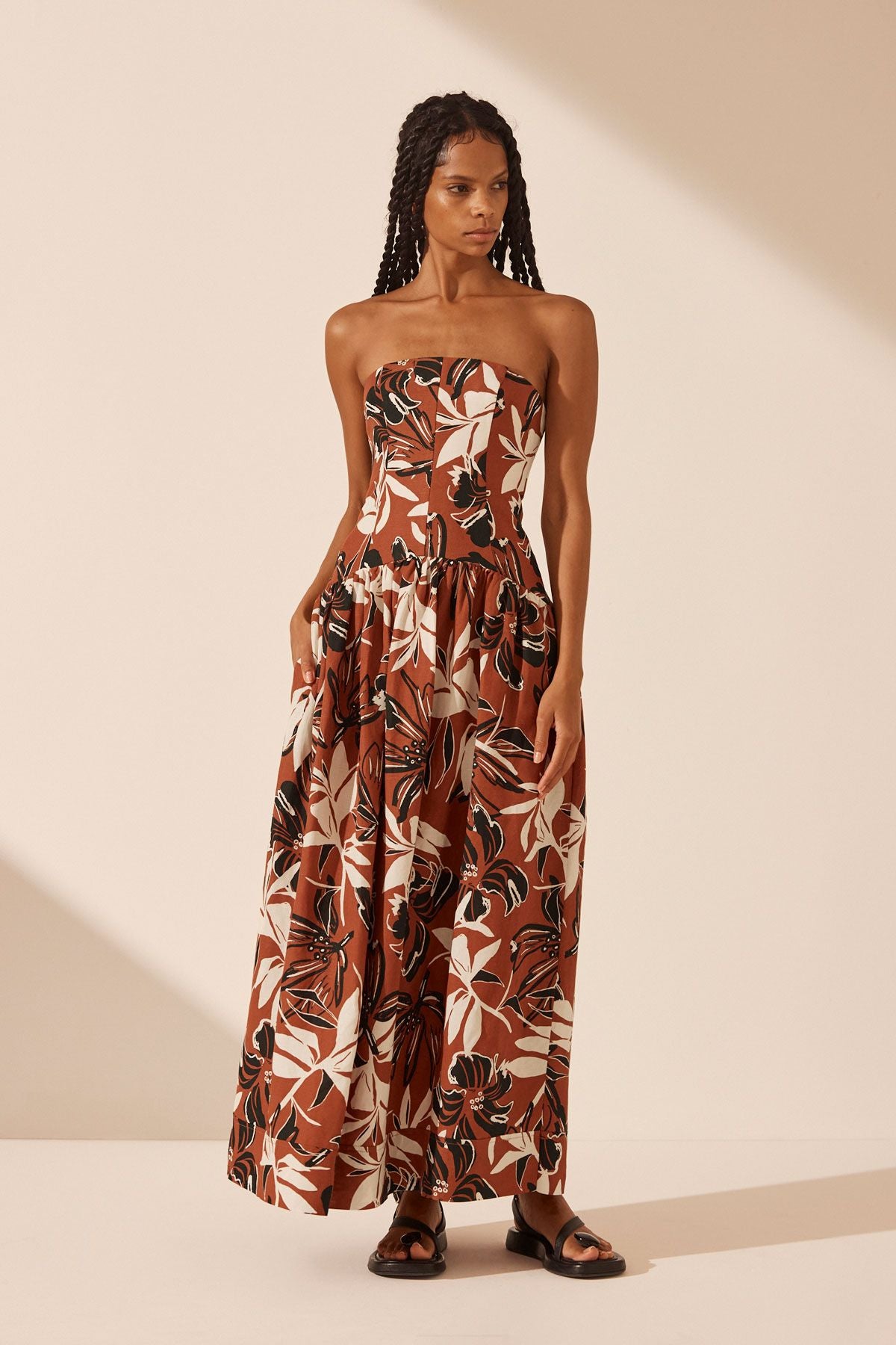 Emma Strapless Panelled Maxi Dress - Brown / Multi