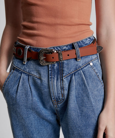 High Waist Hitchhiker Studded Leather Belt - Tan - et seQ fashion