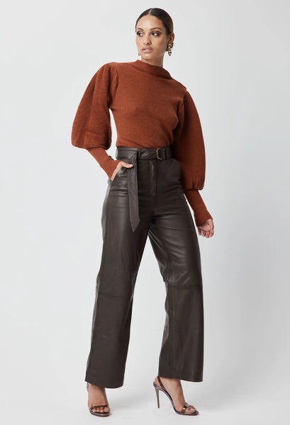 Halston Leather Wide Leg Pant - Chocolate - et seQ fashion