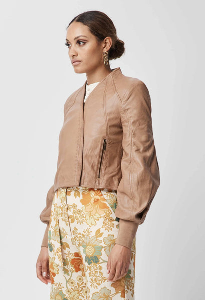 Farrah Volume Sleeve Leather Jacket with Rib Cuff - Husk - et seQ fashion