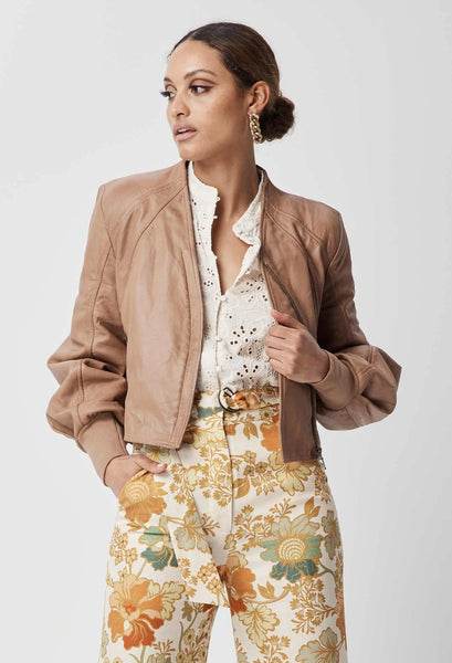 Farrah Volume Sleeve Leather Jacket with Rib Cuff - Husk - et seQ fashion
