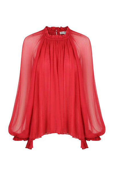 Marquis Gathered High Neck Blouse - Roma Red