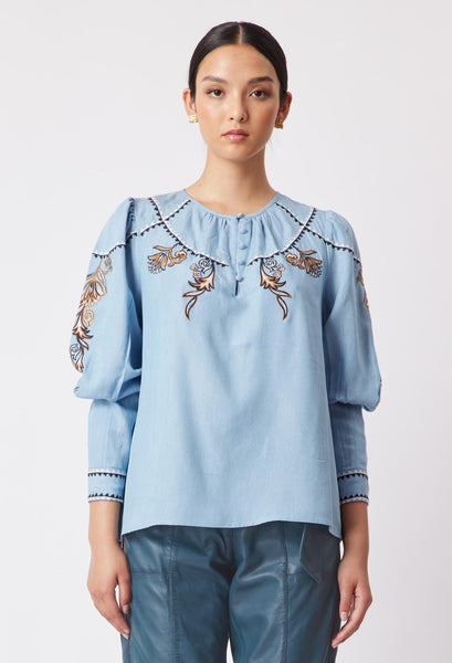Getty Placement Embroidered Tencel Pleat Sleeve Top - Chambray - et seQ fashion